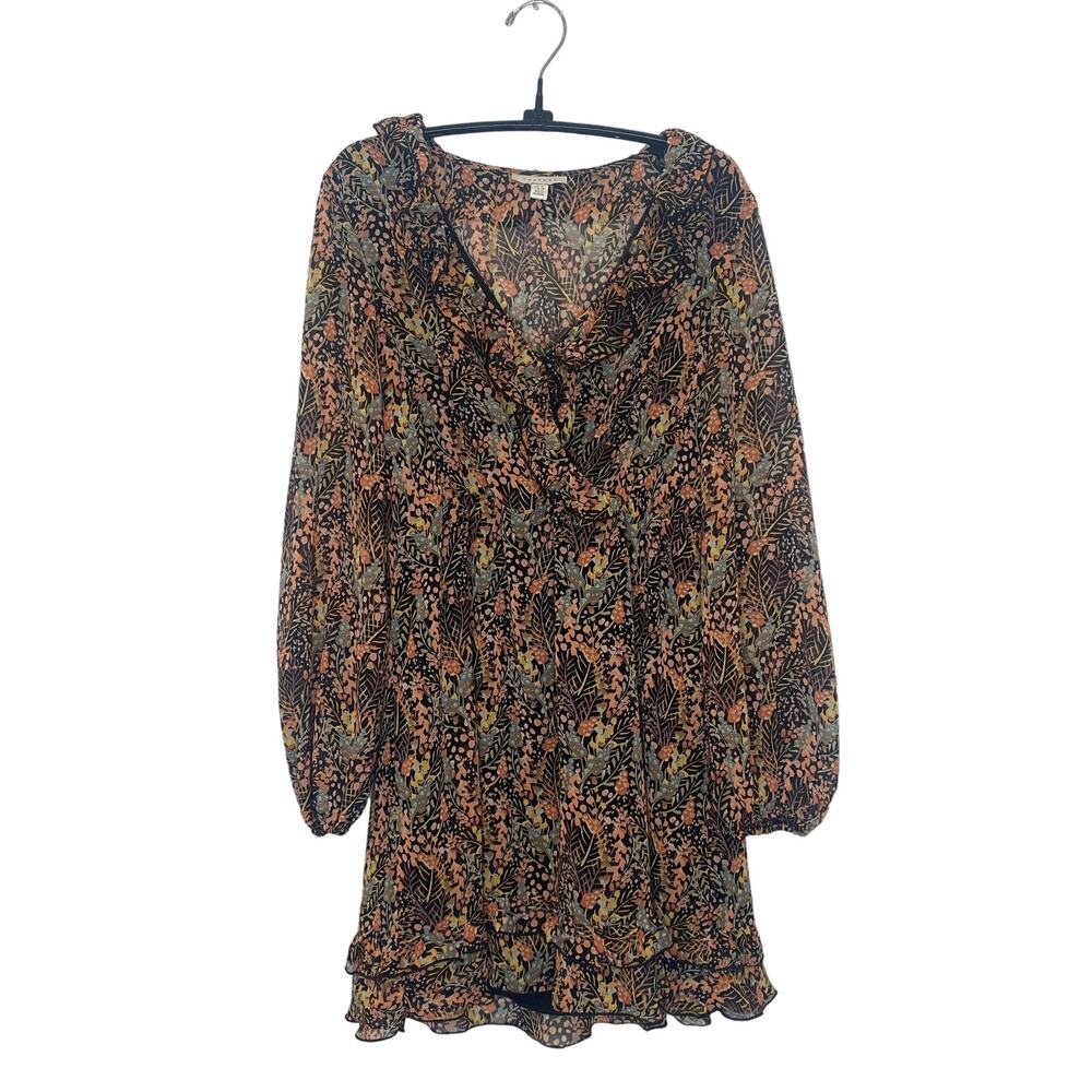 Topshop Surplice Neck Ruffle Sheer Mini Dress Forest Print Lined EUC Sz 6